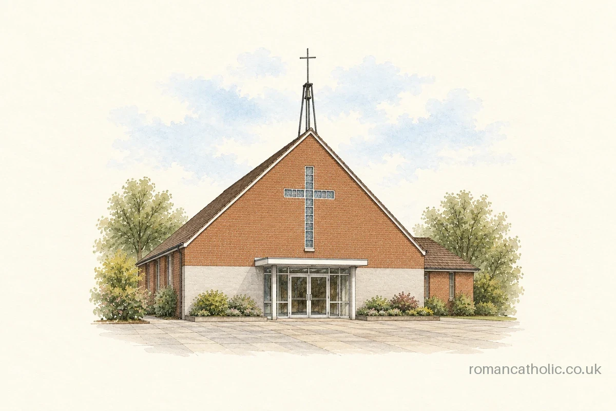 Illustration of St Joseph, Llangefni, with cross-shaped gable glazing and a slender open metal cross tower.
