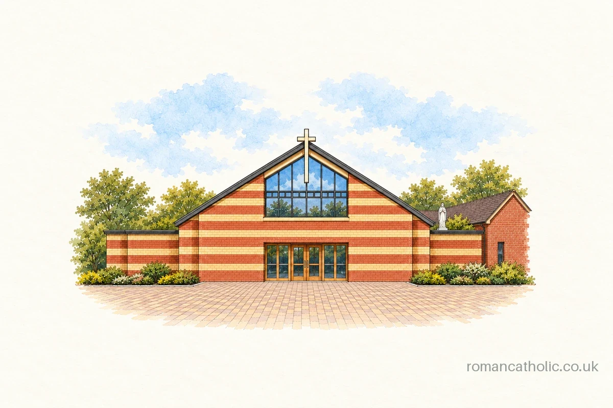 St Joseph in New Ollerton, with striped brickwork and a tall central cross.