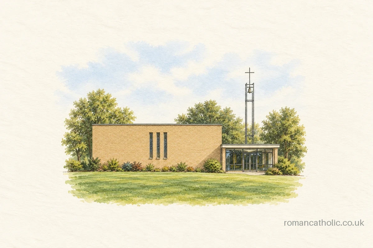 Plain buff-brick facade and open metal bell frame of St Joseph in Oakham.