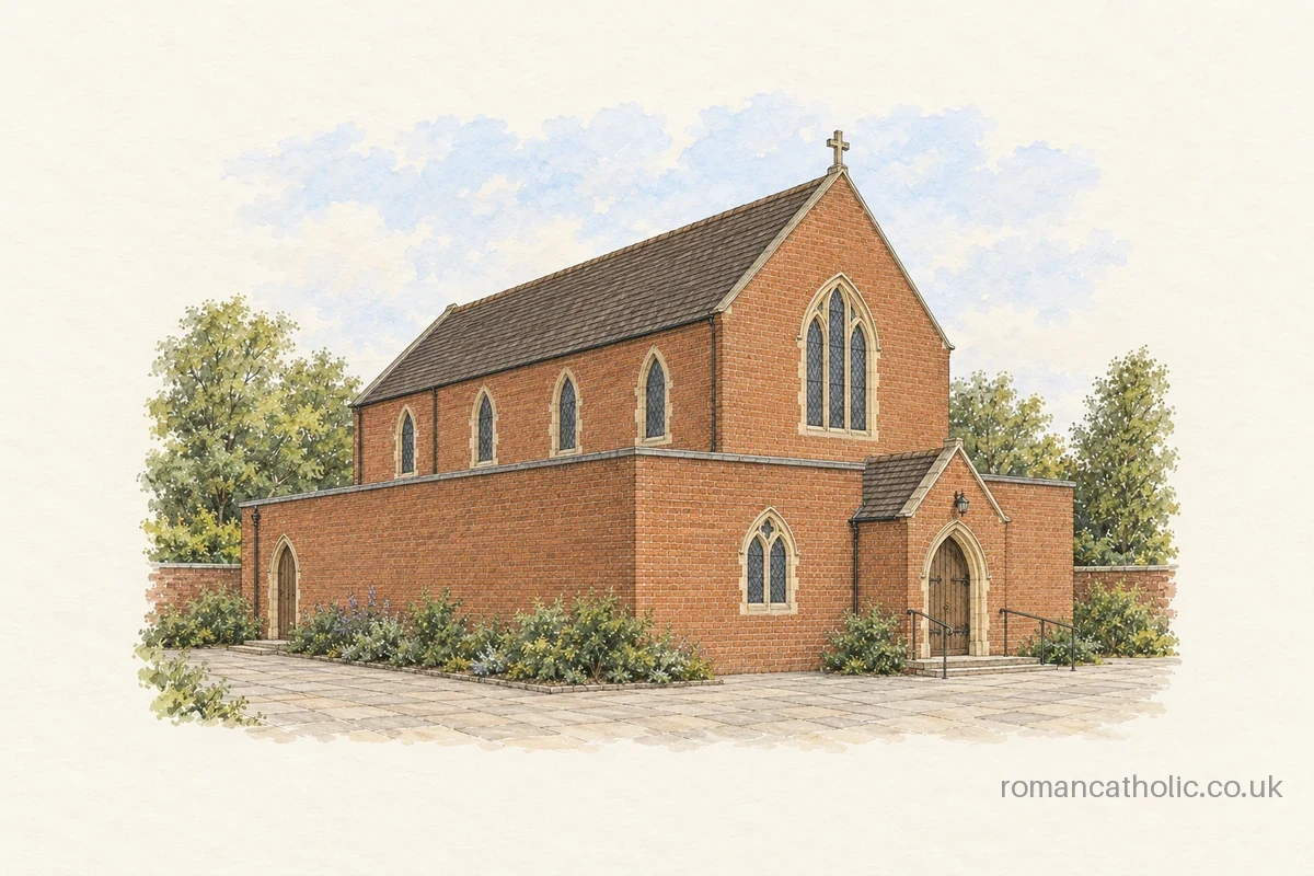 St Joseph in Shirebrook, with its tall brick nave above a lower entrance range.