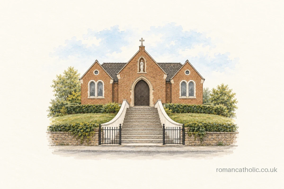 St Joseph the Worker in Winshill, with three brick front gables and broad steps to its entrance.
