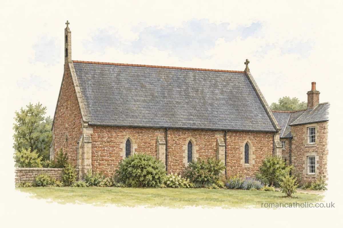 Illustration of Saint Margaret in Montrose, showing warm stone walls, a steep slate roof, narrow lancet windows and a slender bellcote.