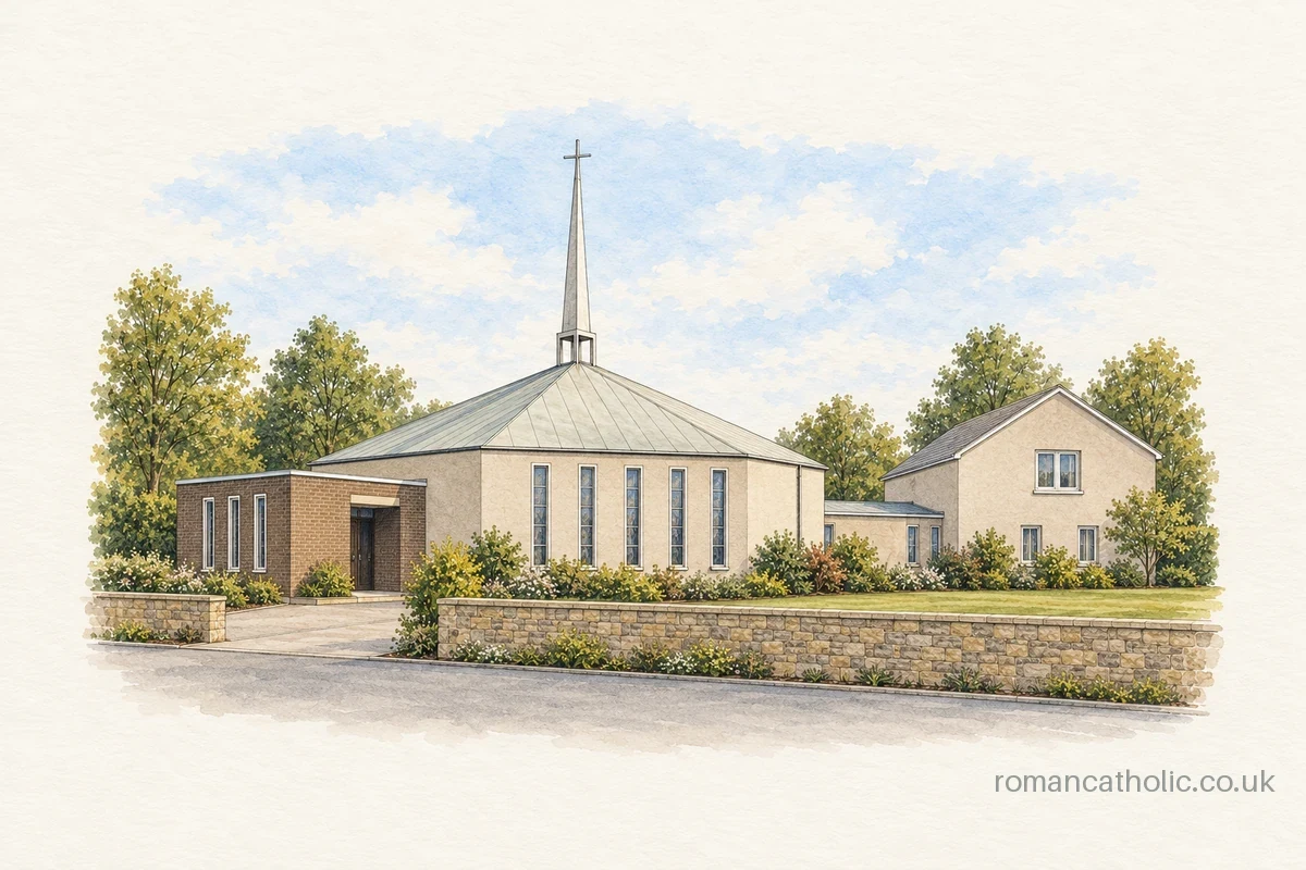 Illustration of Saint Martin of Tours in Tranent, with a broad pale roof and slender central spire.