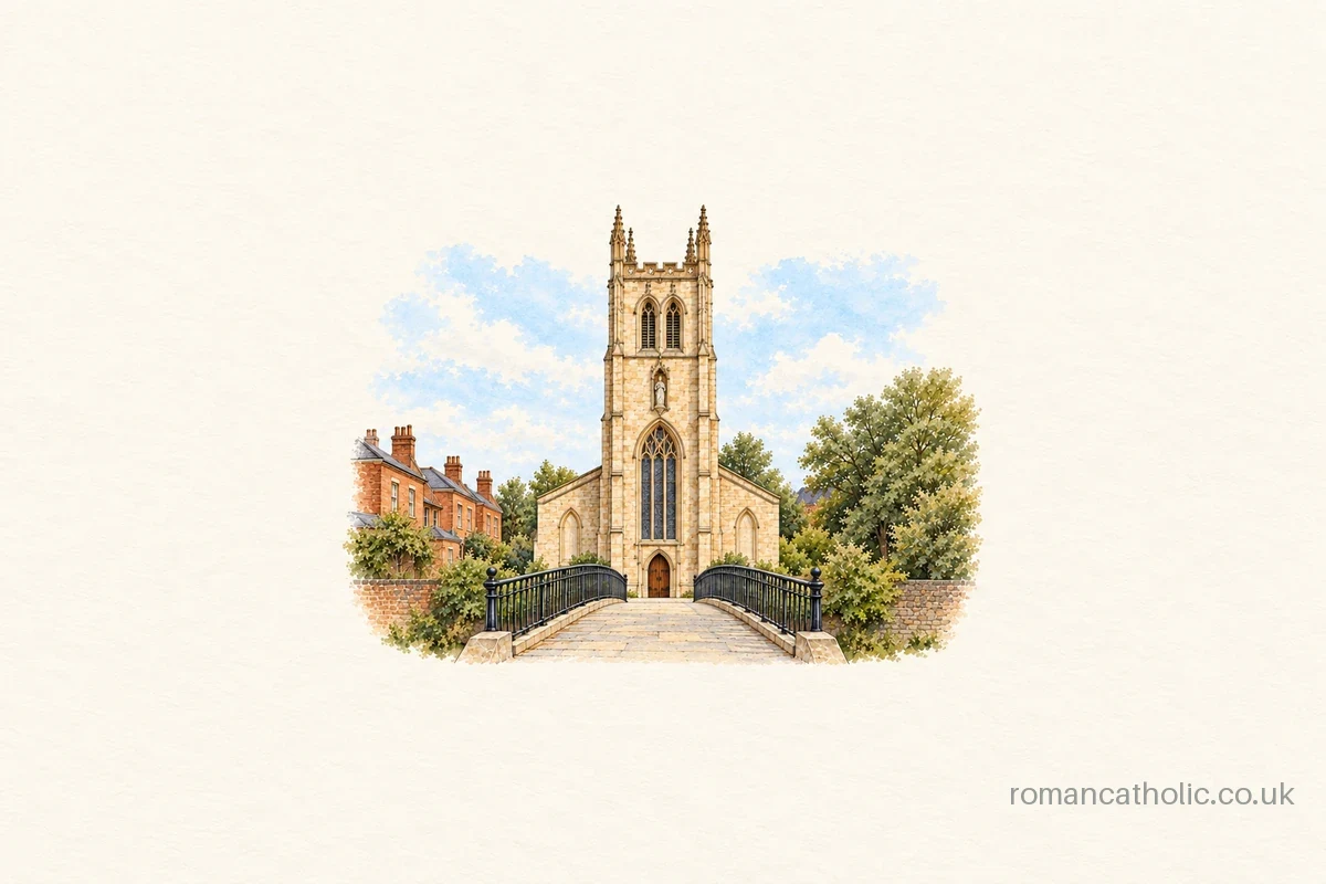 St Mary in Derby, its tall pinnacled tower seen across the pedestrian bridge.