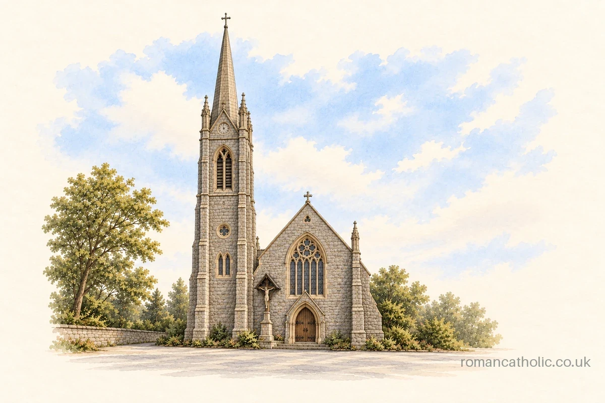 Watercolour and ink illustration of St MaryÃ¢â‚¬â„¢s Cathedral in Aberdeen, with its tall left clock tower and slender spire beside the traceried Gothic entrance front.
