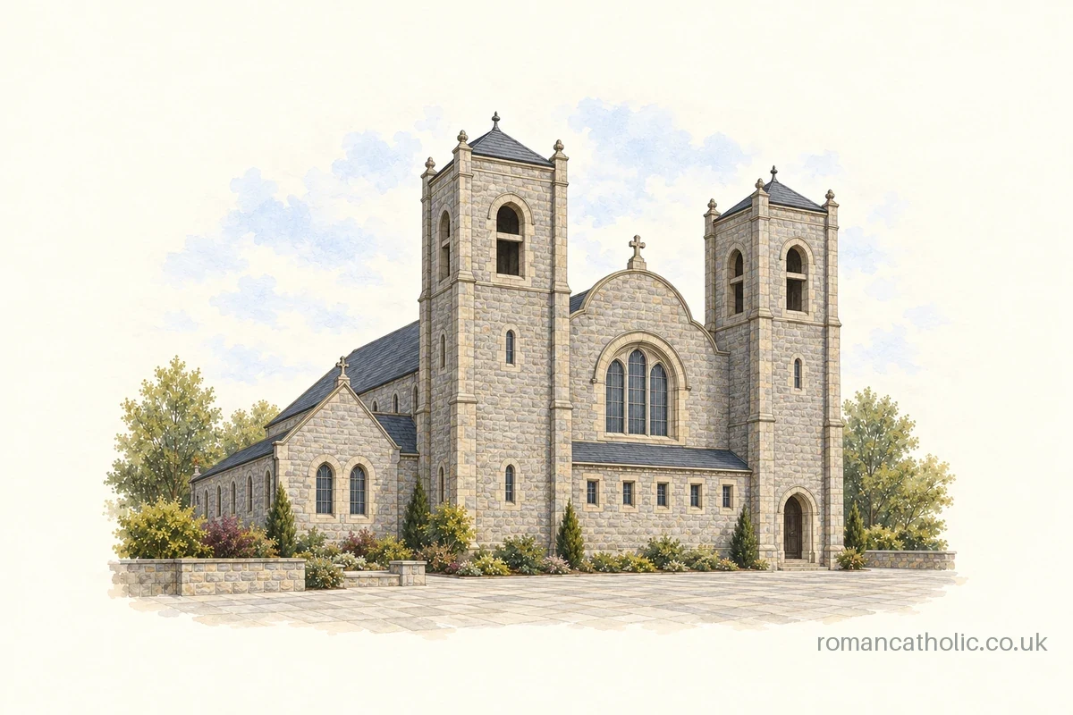 Illustration of Saint Mary Our Lady of Victories in Dundee, showing a grey stone church frontage framed by twin slender bell towers.