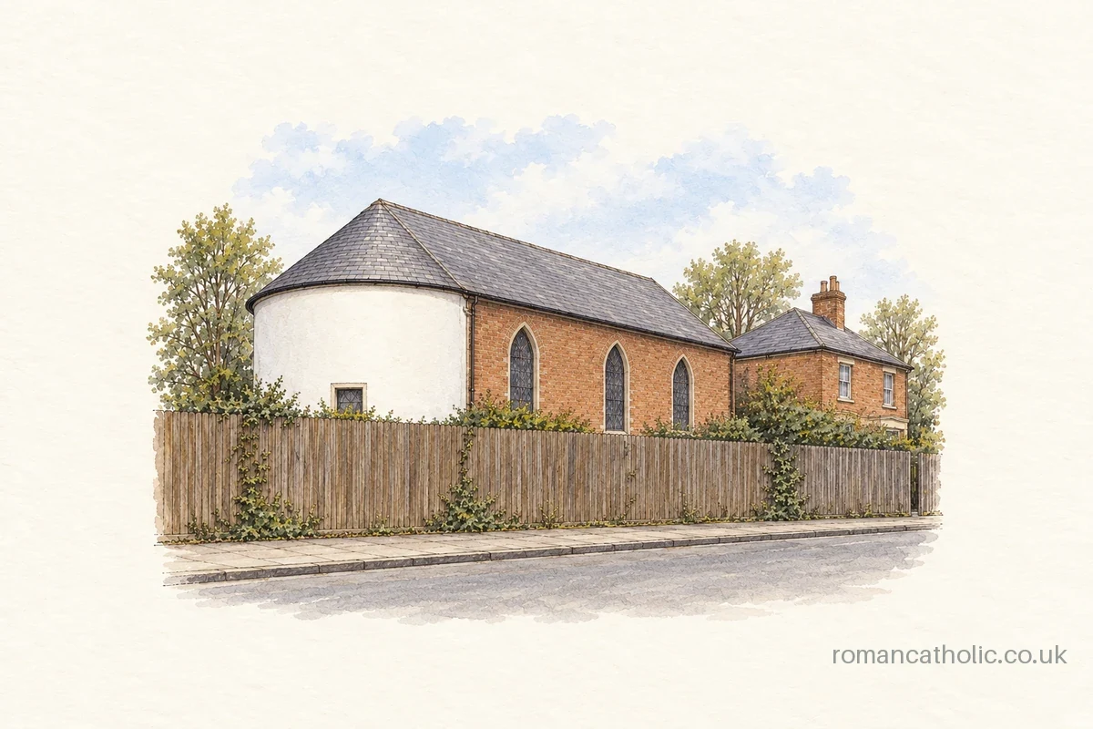 St Mary in South Wigston, showing the plain rounded rendered end and red-brick windowed flank.
