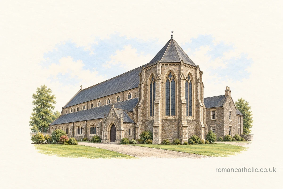 Illustration of Saint Mary Immaculate Conception in Lochee, with its tall glazed octagonal chancel and long Gothic nave.