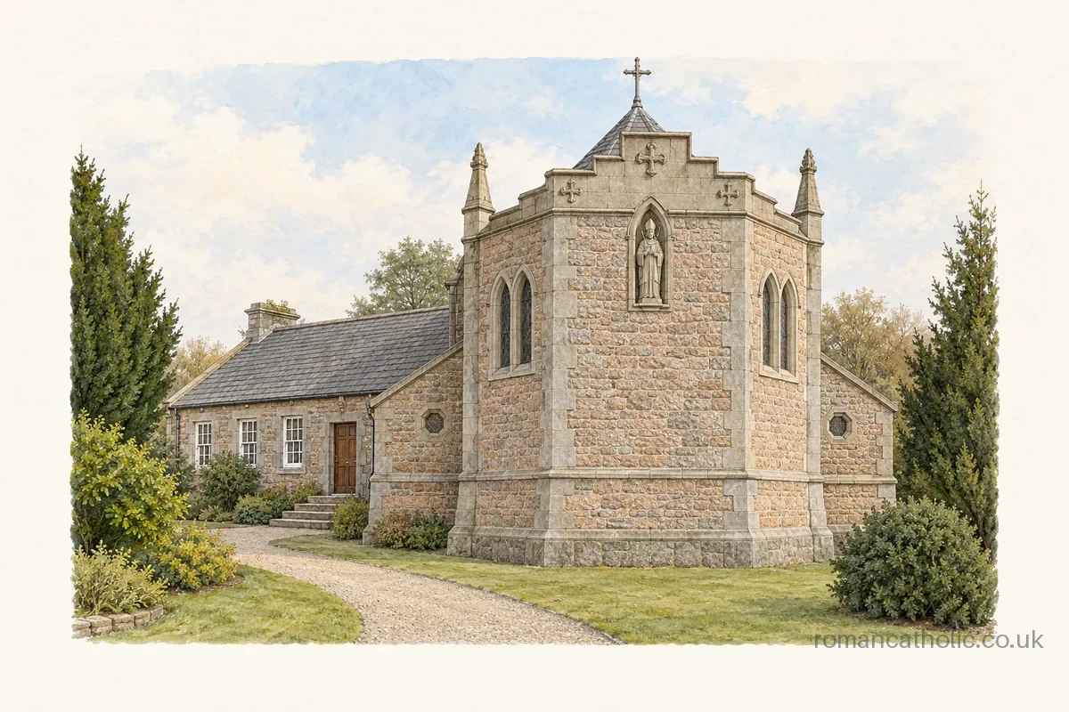 Illustration of Saint Nathalan in Ballater, showing its pink granite polygonal end, stepped parapet, saint statue and small cross-topped roof.