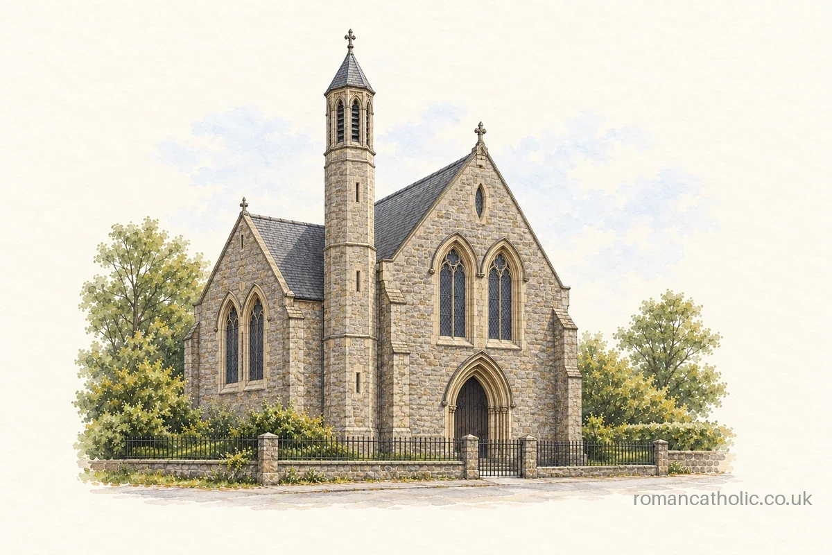 Illustration of Saint Ninian in Brechin, showing its stone Gothic frontage, paired arched windows and slender octagonal turret.