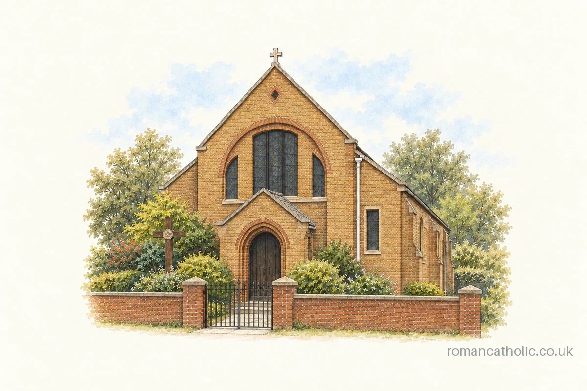 Buff-brick front and arched glazing of St Olga Ukrainian Catholic Church in Peterborough.