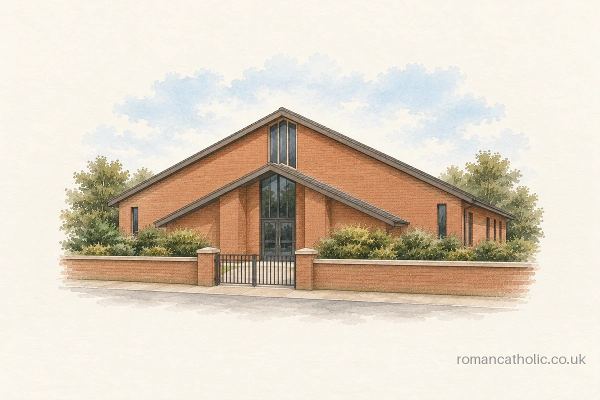St Patrick in Forest Town, with a broad brick gable and projecting entrance roof.