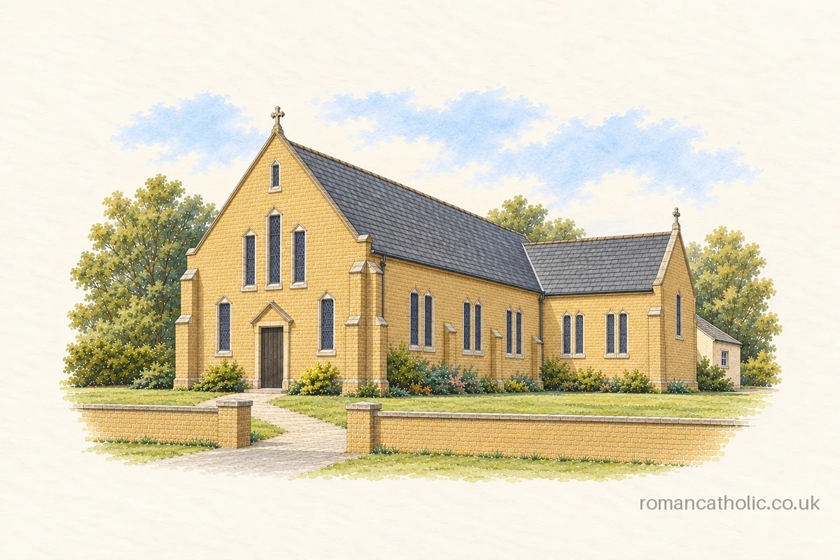 Illustration of Saint Paul in Hurlford, a buff brick Gothic church with narrow pointed windows and a projecting transept.