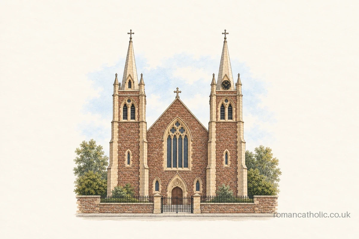 Illustration of St Peter, Buckie, with twin slender stone spires and a central Gothic window.