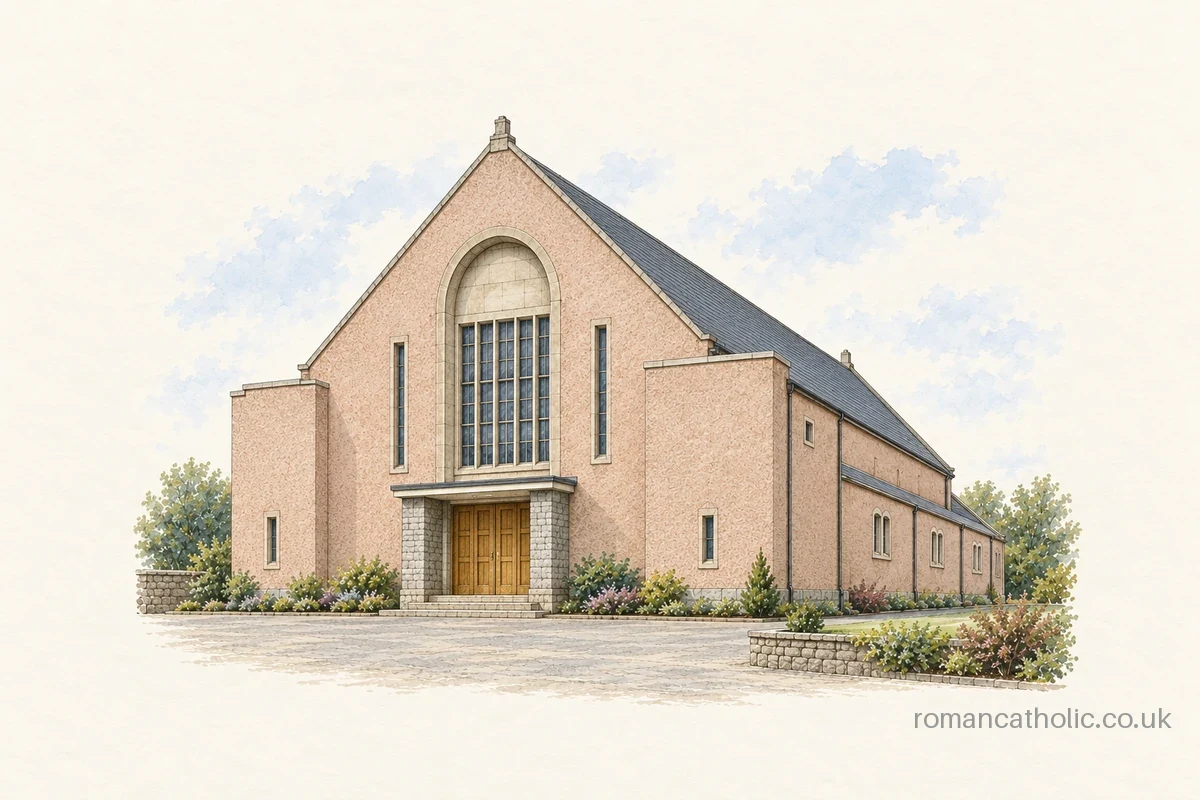 Illustration of Saint Pius X in Dundee, with a tall roughcast gable, large arched recess and central glazed panel above the entrance.