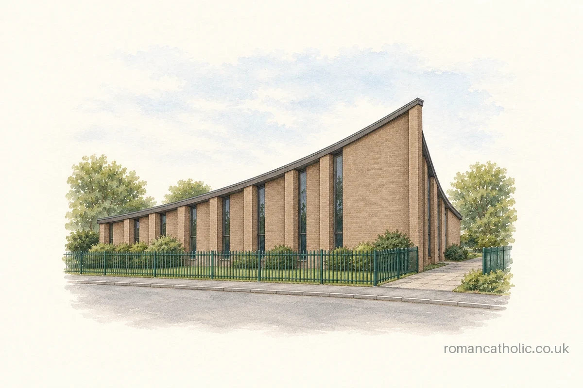 St Teresa of Lisieux in Aspley, with rising roofline and narrow windows between brick piers.