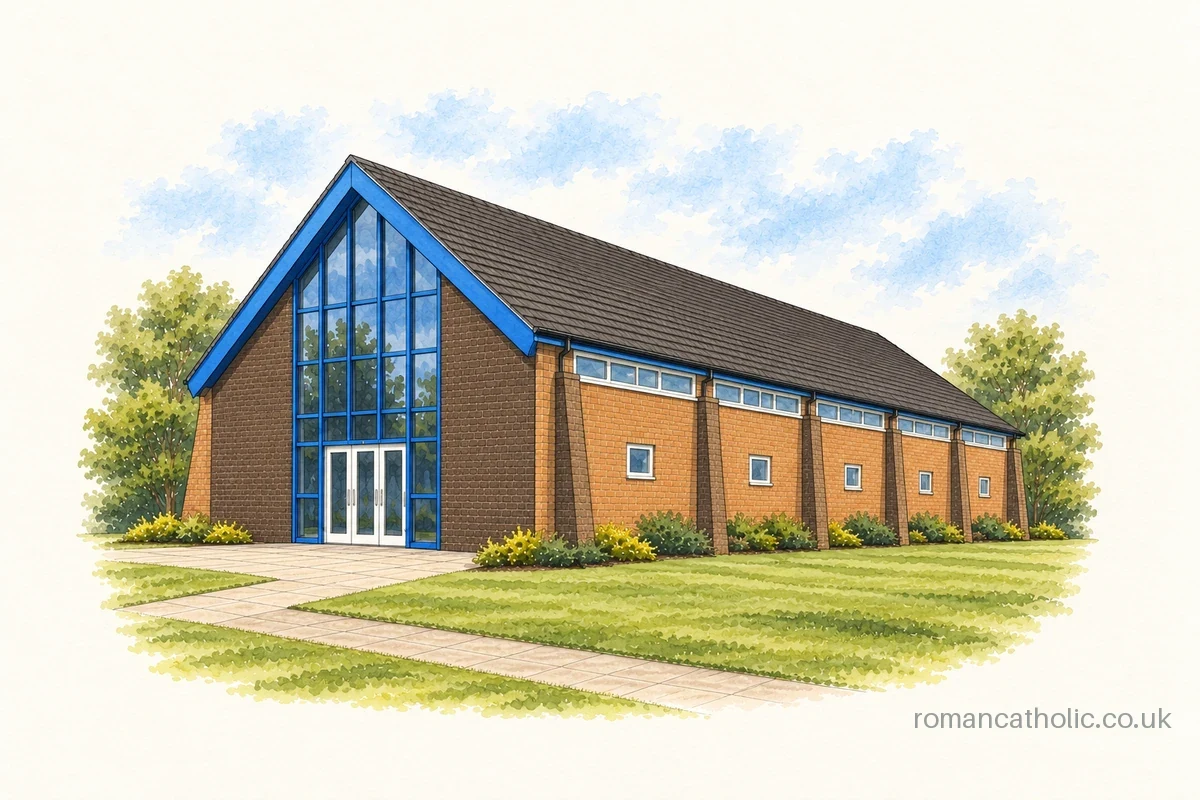St Theodore of Canterbury, Gossops Green, with its blue-framed glazed gable.