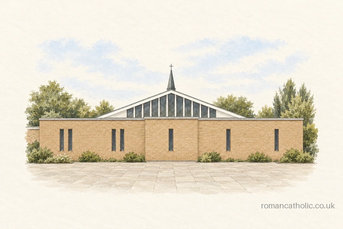St Teresa in Market Warsop, a low brick church with a glazed roof lantern and slender spire.