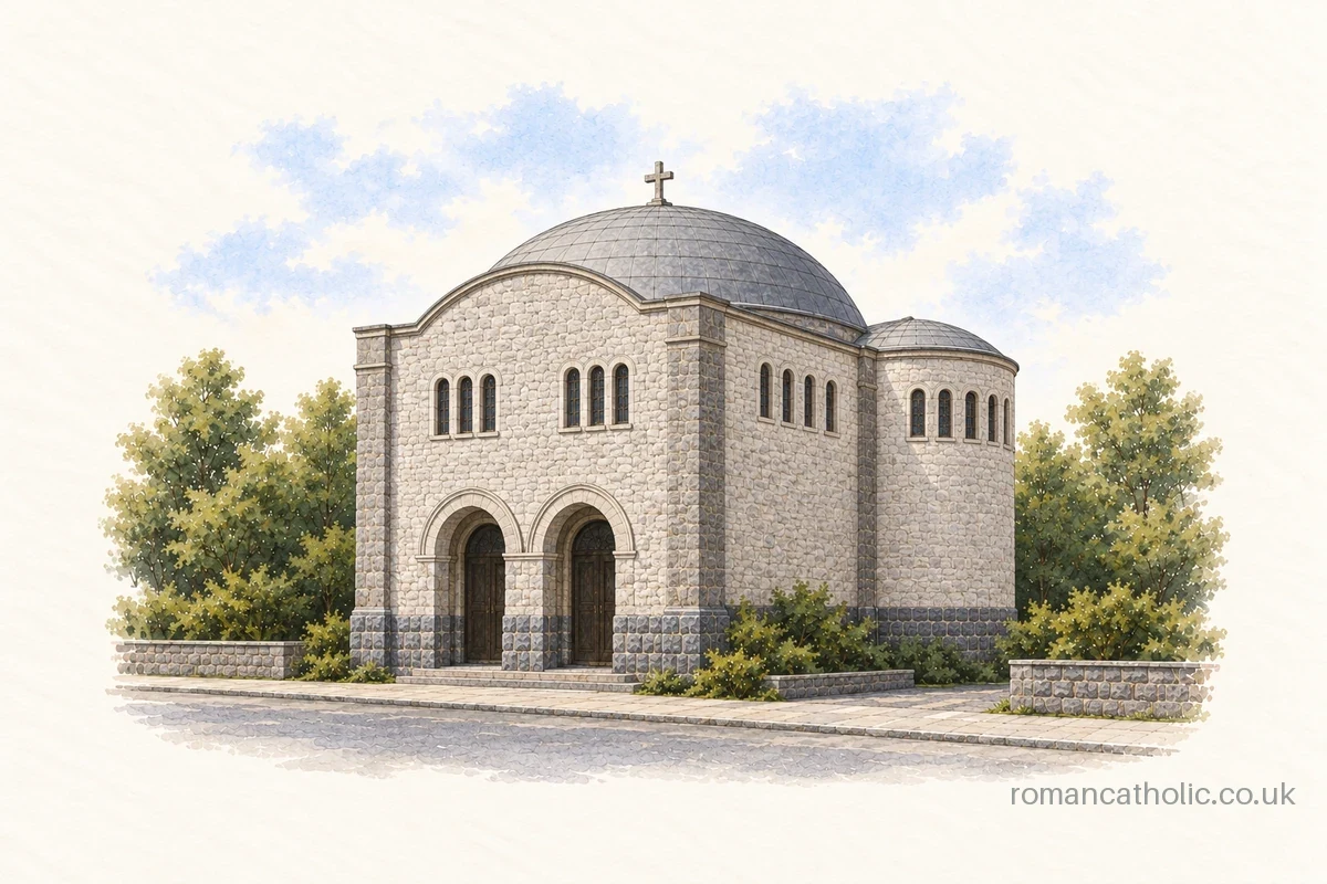 Illustration of St Therese of Lisieux, Abergele, with a broad dome, arched porch and rounded apse.