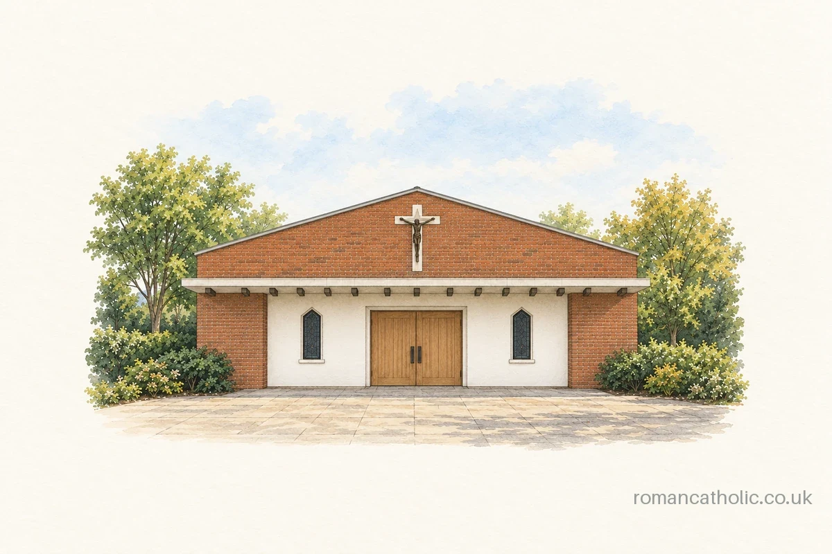 Low brick front and crucifix of St Thomas More in Bramley.