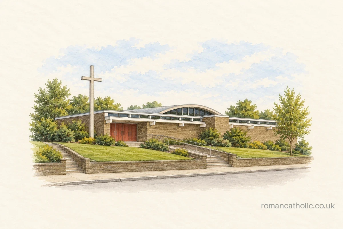 St Thomas More, Patcham, with its curved roof and tall plain cross.