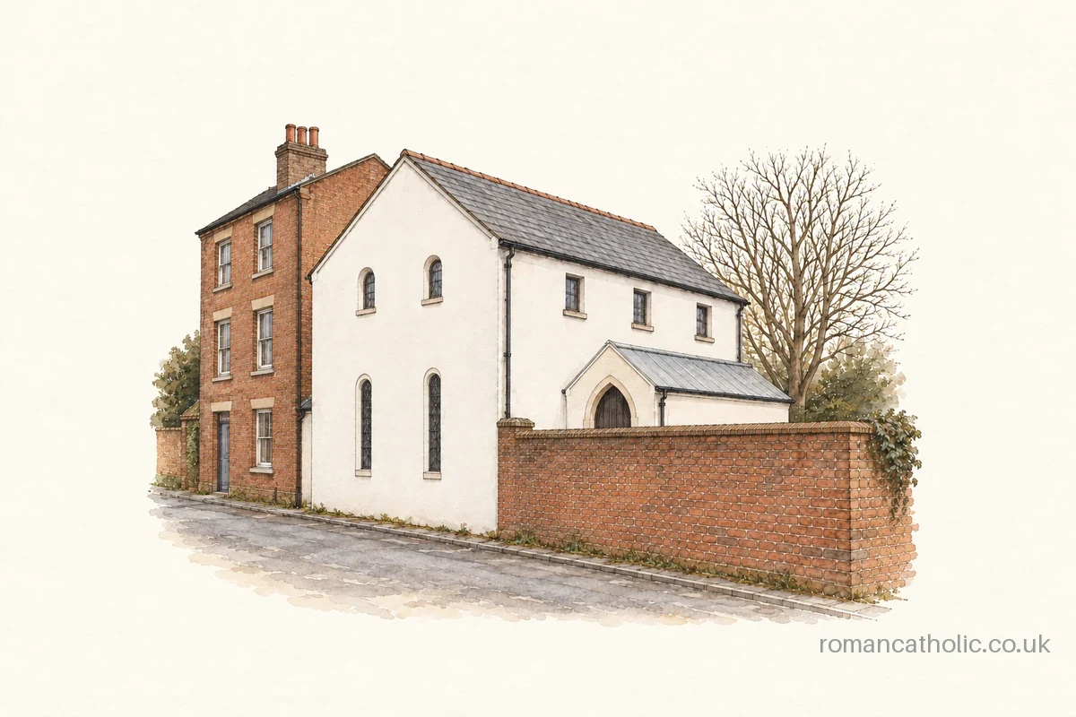 St Thomas More in Caistor, a plain rendered chapel beside a narrow lane.