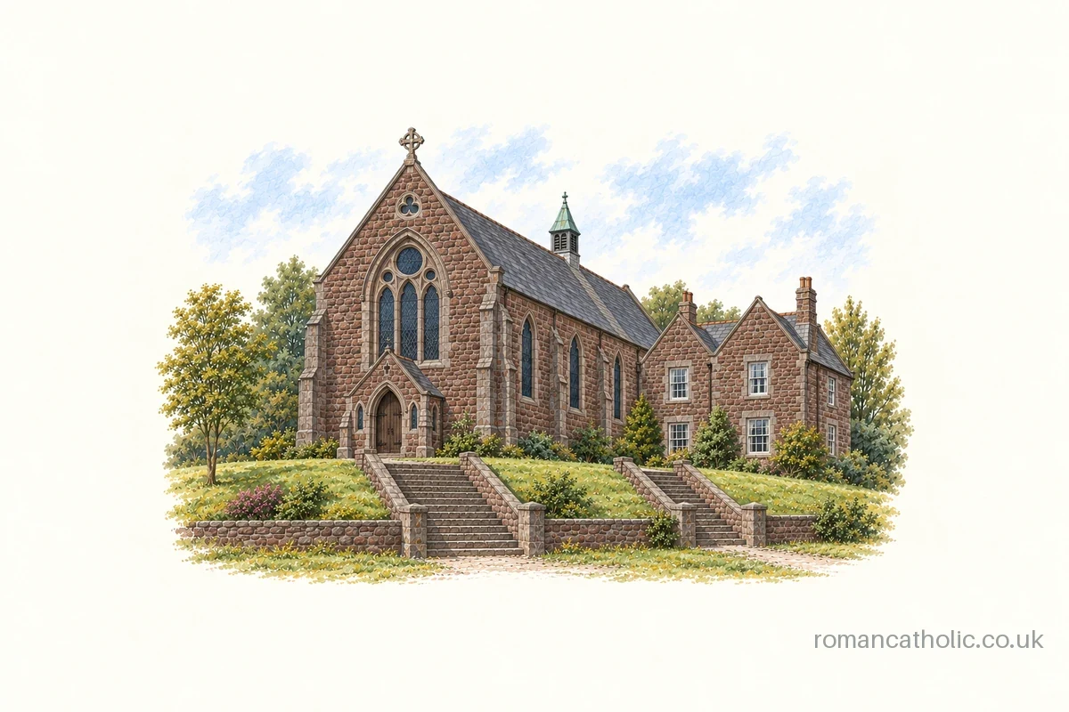 Illustration of Saint Thomas the Apostle in Muirkirk, a stone Gothic church above a sloping lawn with a large traceried window.