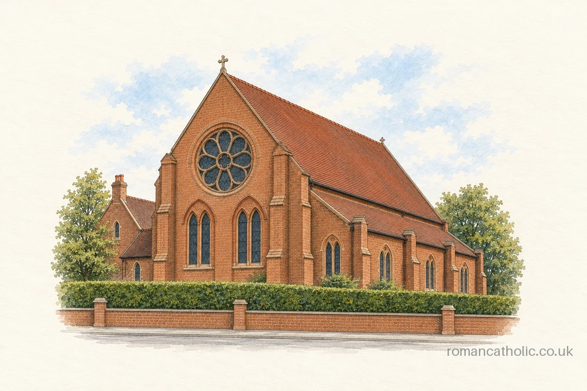 Illustration of Saints Peter and Frances, Prestatyn, with a red tiled roof and large rose window.