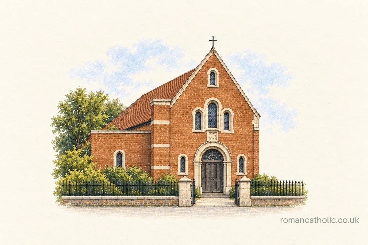 Illustration of Saints Peter and Paul in Dundee, a red brick church with grouped arched windows and a stone-framed doorway.