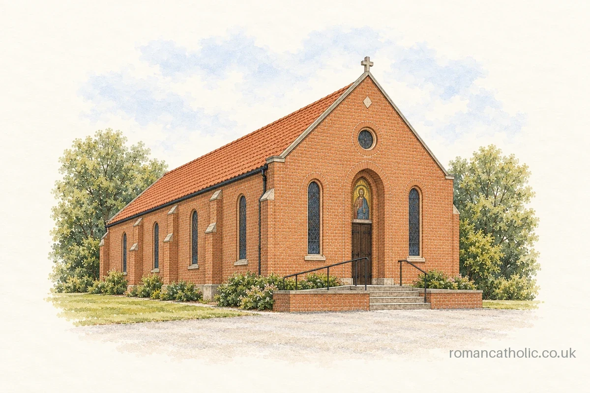 Red brick church with rounded doorway, mosaic tympanum and a small gable cross.