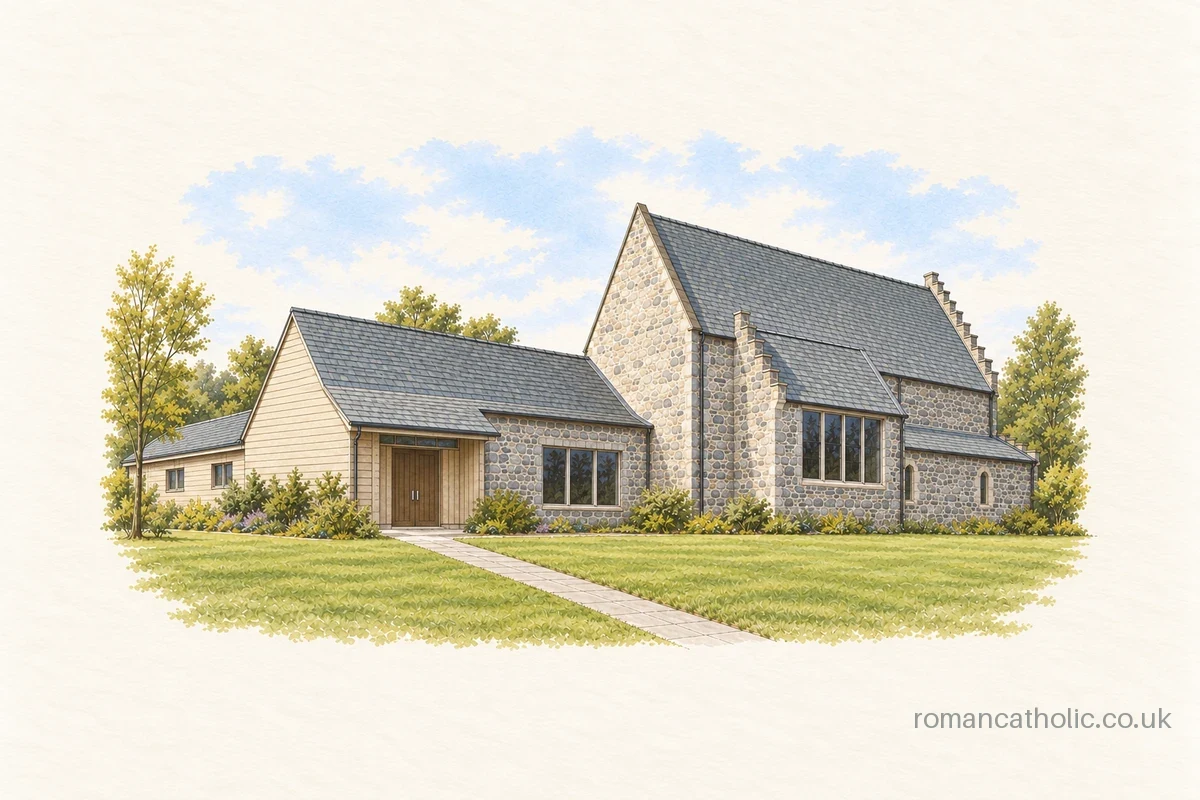 Illustration of Ss Ninian and Triduana in Edinburgh, with grey stone walls, stepped gables, slate roofs and a lower pale entrance range.
