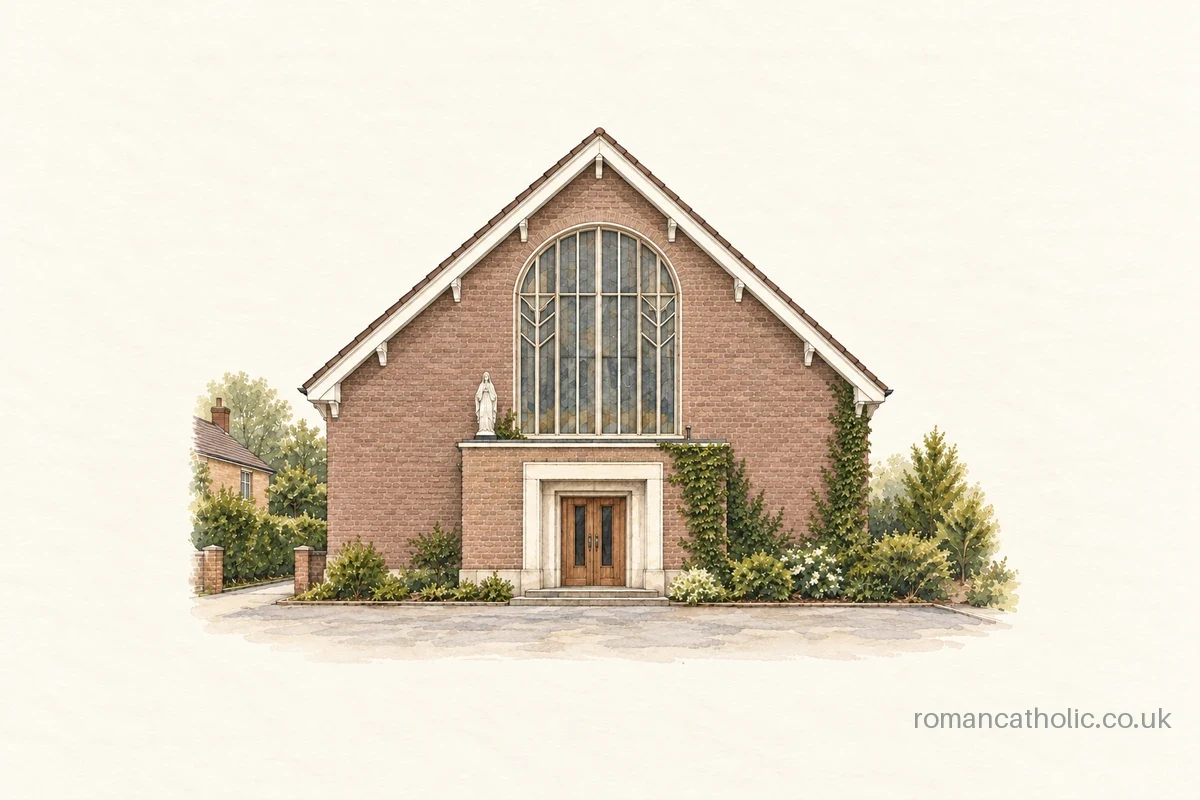 Brick church with broad white-edged gable, large curved window and a low entrance porch.