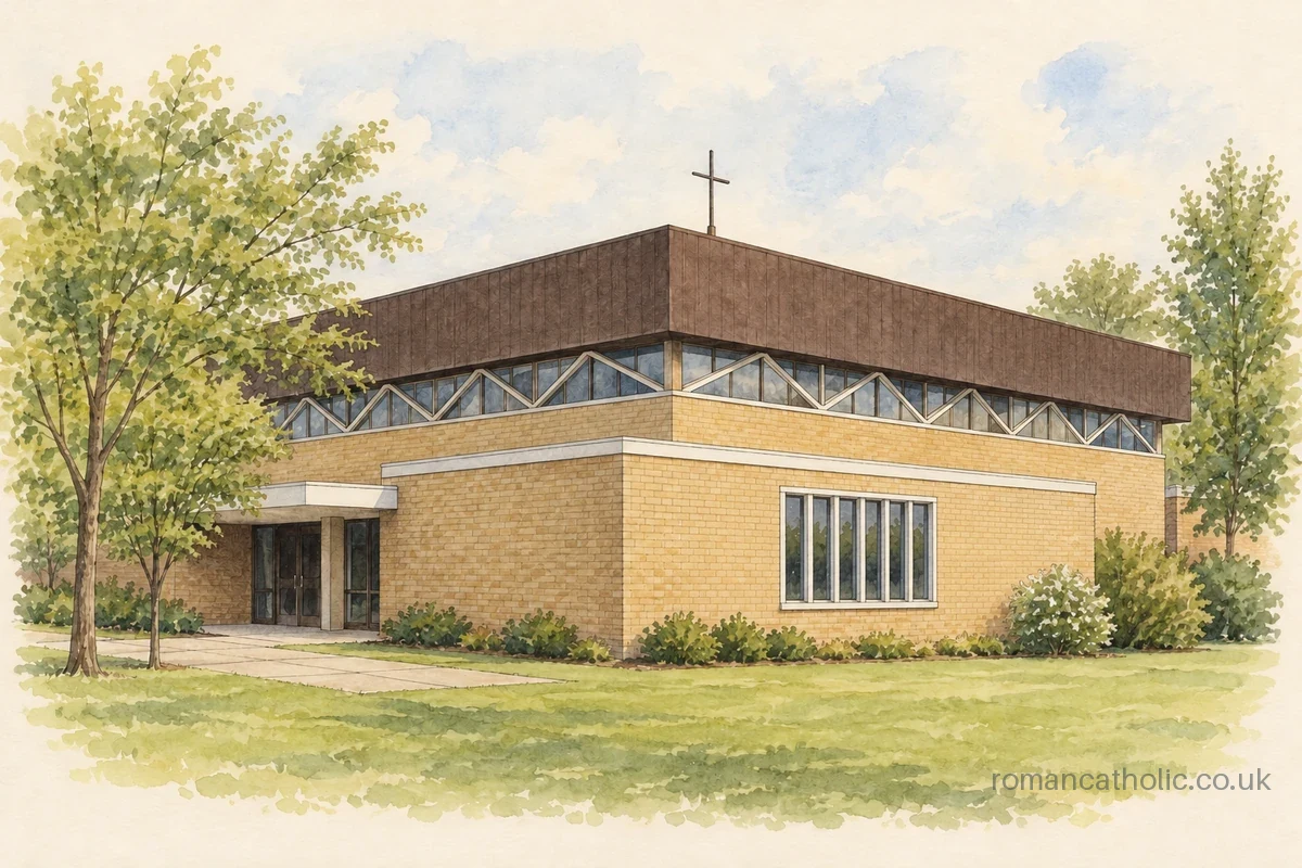 Watercolour and ink illustration of Saints Philip and James in Bedford, with buff brick walls, a deep dark roof edge and zigzag clerestory glazing.