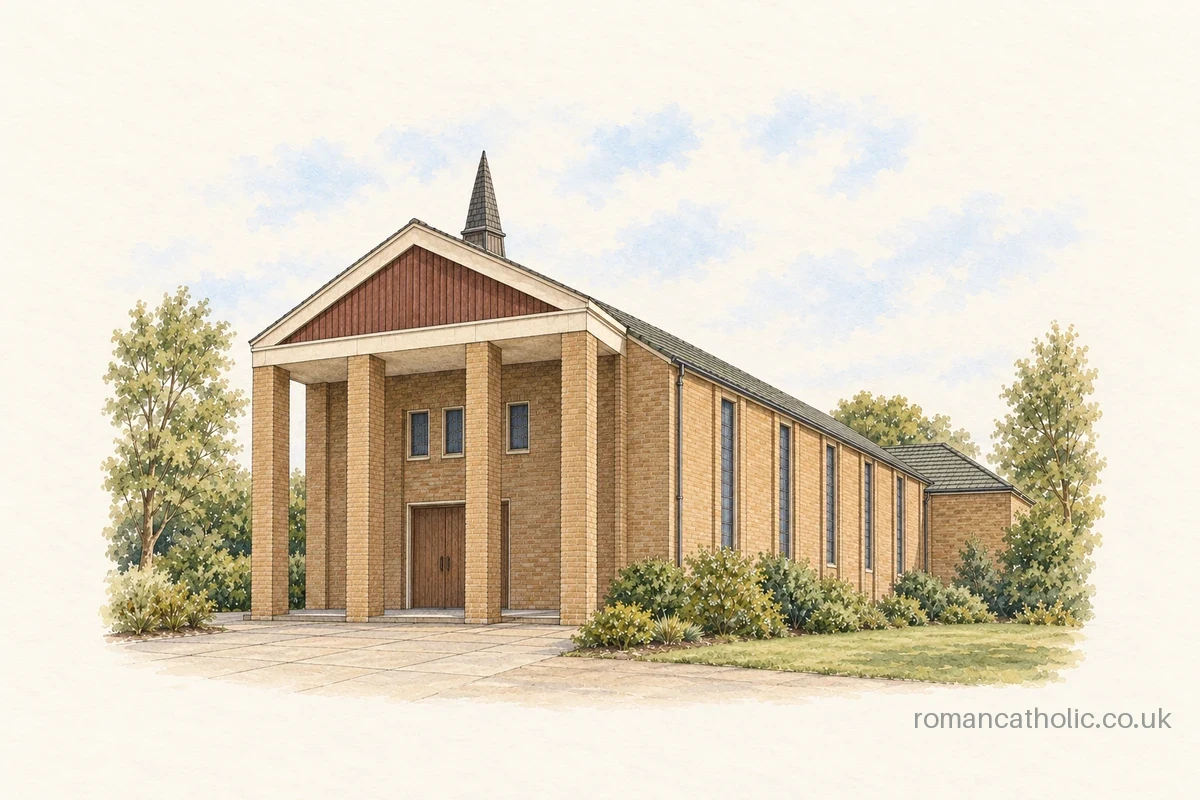 Watercolour and ink illustration of St Aidan in Little Chalfont, with a four-pier portico, timber pediment and slender roof spirelet.