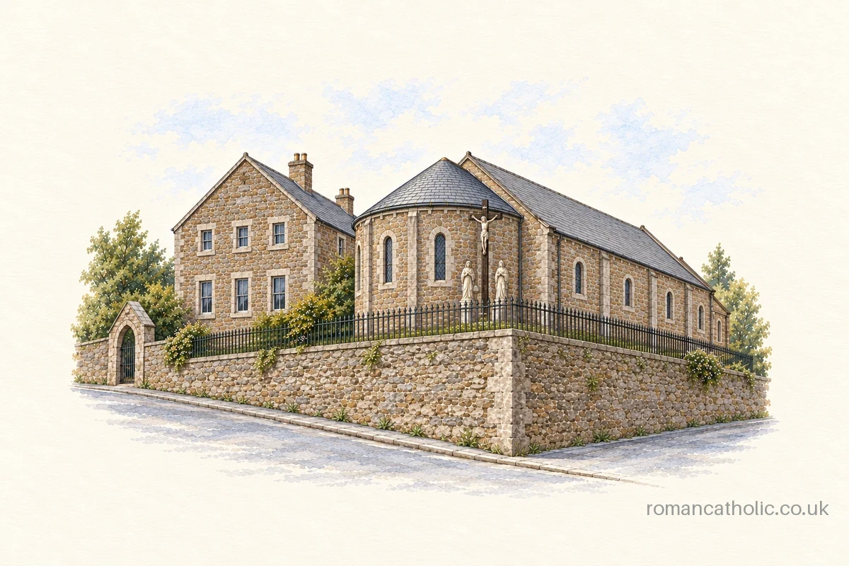 Illustration of St Alban, Pontypool, with a rounded stone apse and outdoor Calvary above the street.