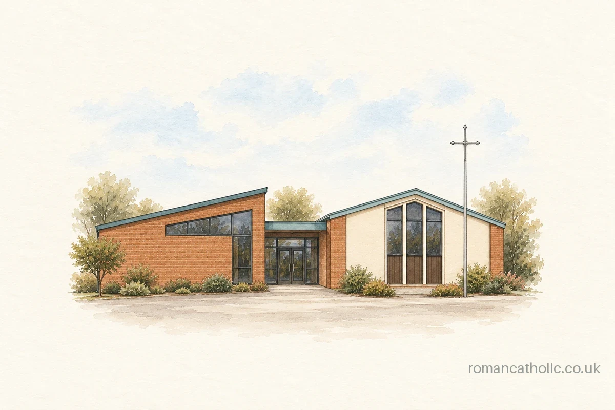 Architectural illustration of St Alban’s Catholic Church in St Annes, showing its low modern brick and cream buildings and slender cross.