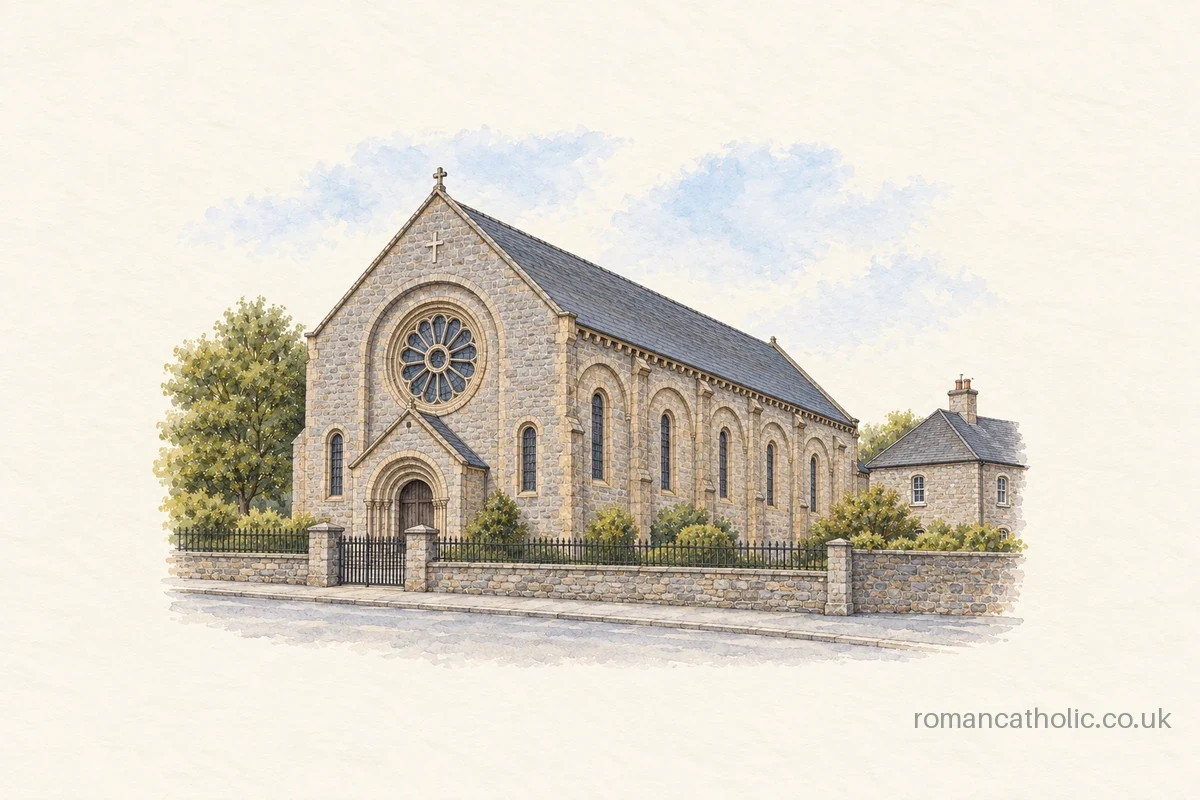 Stone Romanesque church with a wheel window, small entrance porch and round-arched side windows.
