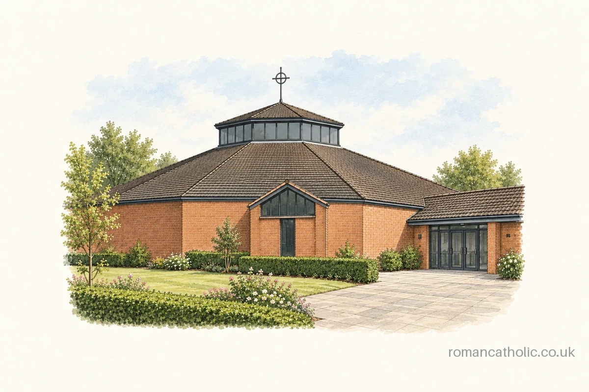 St Anne church in Chelmsley Wood, with a wide tiled roof, glazed polygonal lantern and ringed cross.