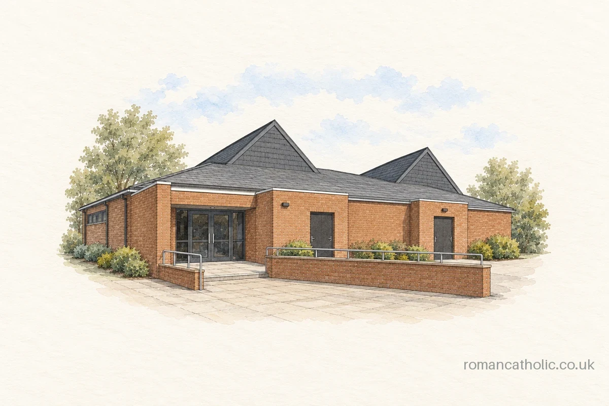 Illustration of St Anne, Gateshead, with two triangular roof upstands above low brick walls.