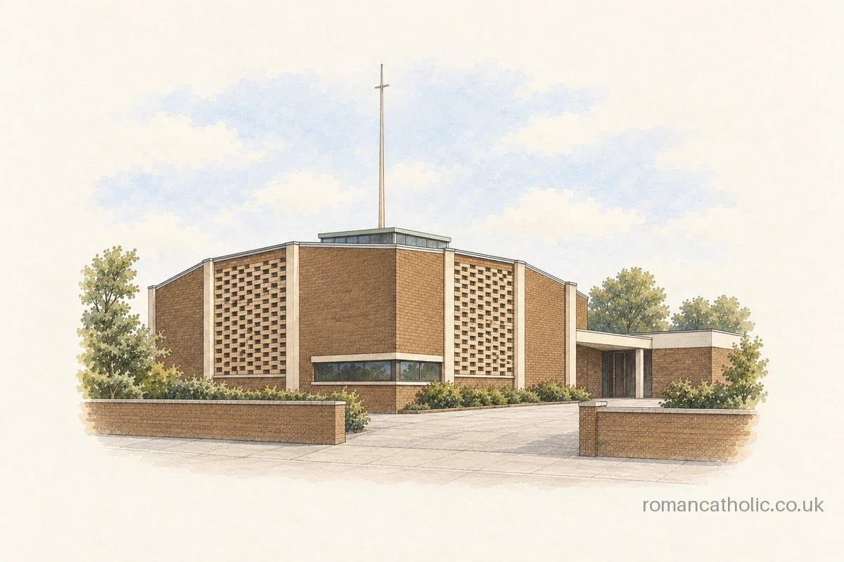 Illustration of St Anne Line, South Woodford, with patterned wall panels and a slender cross above its roof lantern.