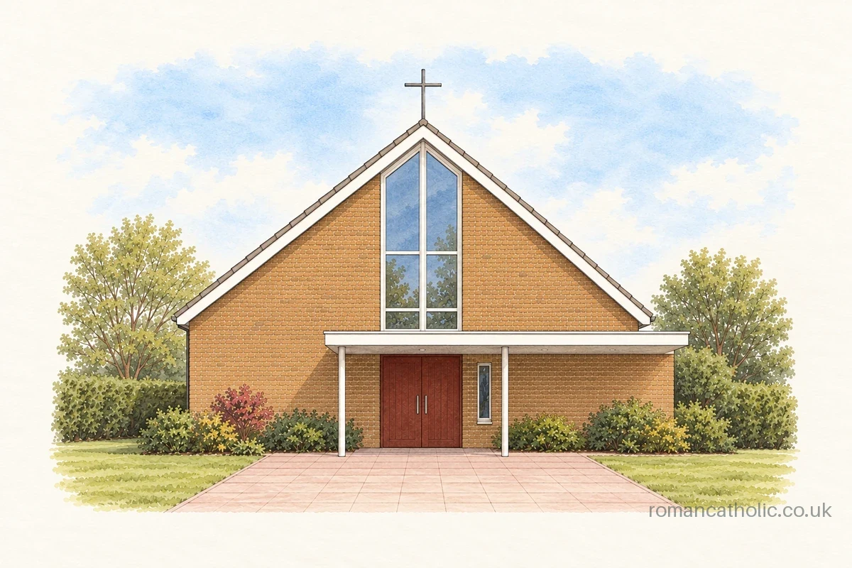 Watercolour and ink illustration of St Anne in Wendover, showing its brick gable, tall central glazing and simple entrance canopy.