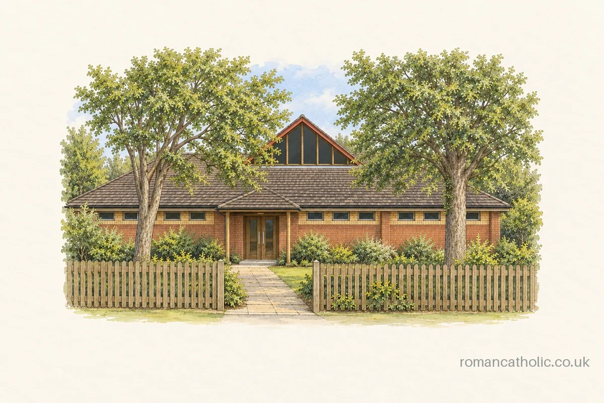 St Anthony in Calverton, a low red-brick chapel with broad tiled roof and glazed triangular rooflight.