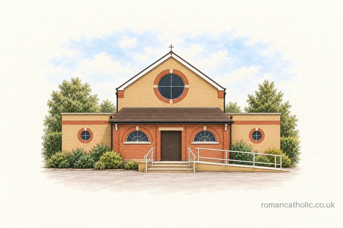St Anthony of Padua, Radlett, with its circular gable window and red-brick porch.