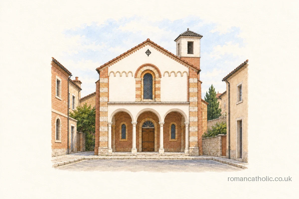 St Anthony of Padua, Rye, with its three-arched porch and white Romanesque facade.