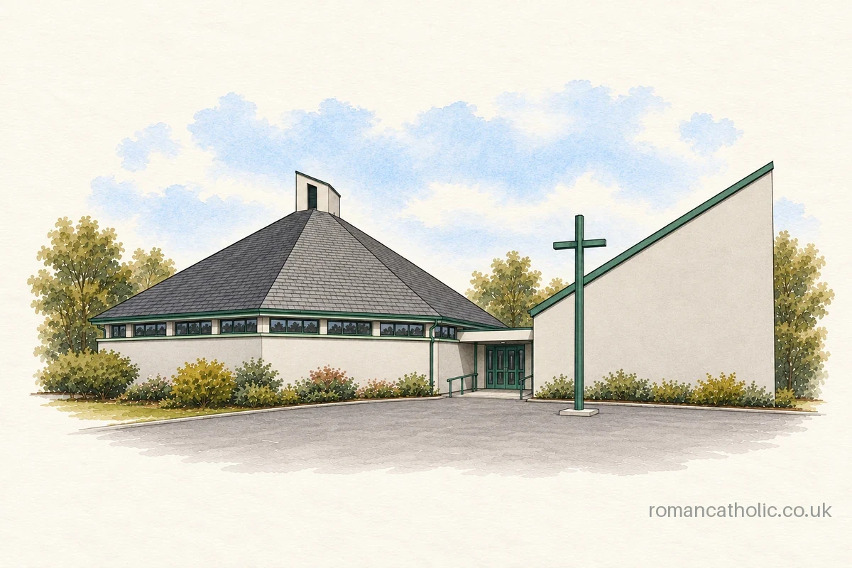 Illustration of St Anthony, Rutherglen, with a pyramidal roof and a green forecourt cross.