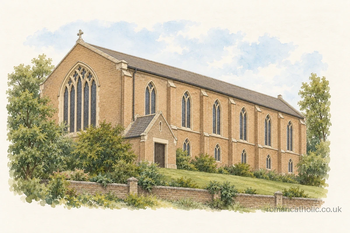 Watercolour and ink illustration of St Augustine in High Wycombe, with a tall traceried front window and long rows of pointed side windows.