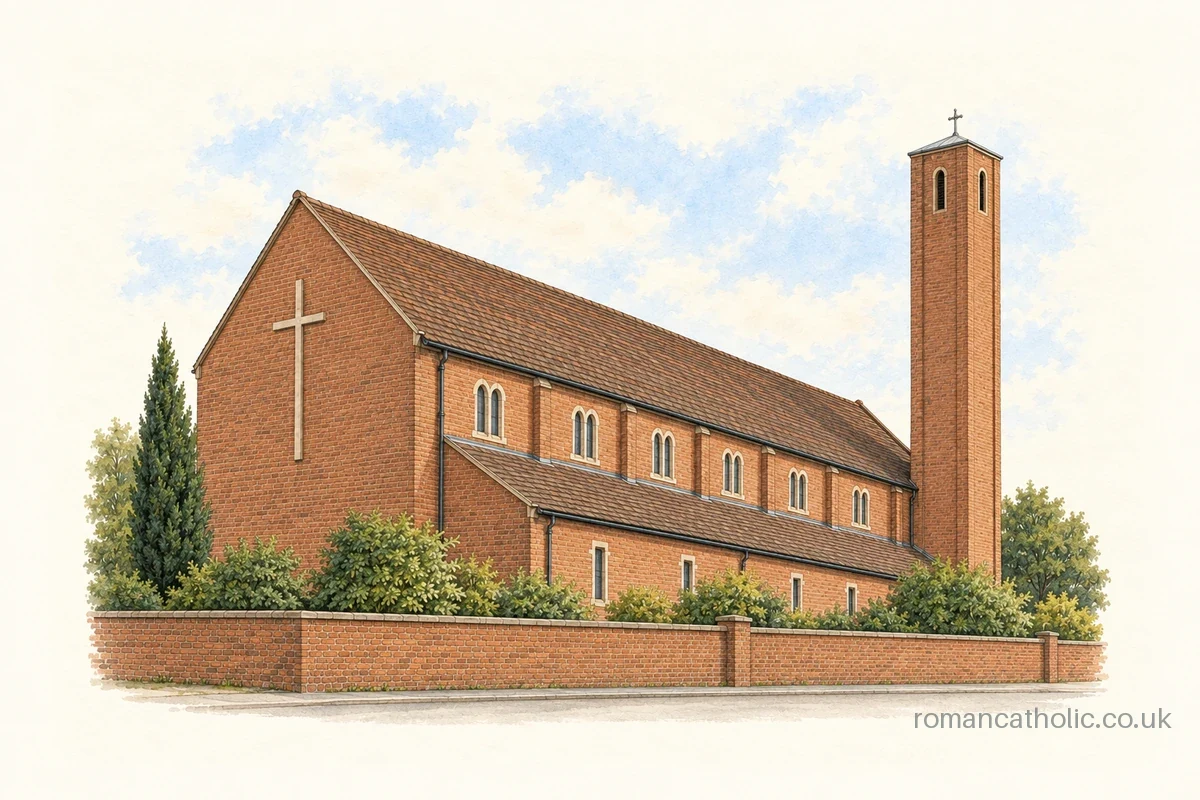 St Augustine of England Handsworth, with a long brick nave and slender square tower.