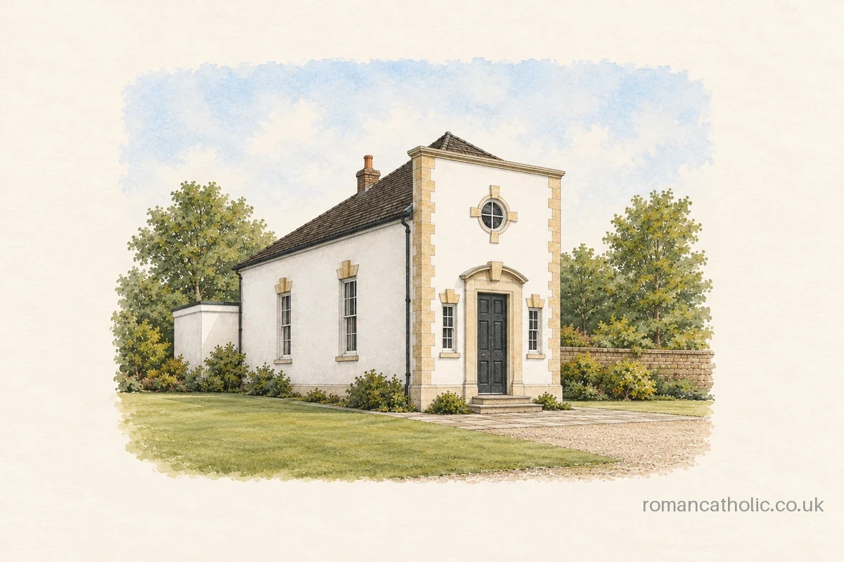 Watercolour and ink illustration of St Augustine in Datchet, with a white classical screen facade, round upper window and ochre trim.