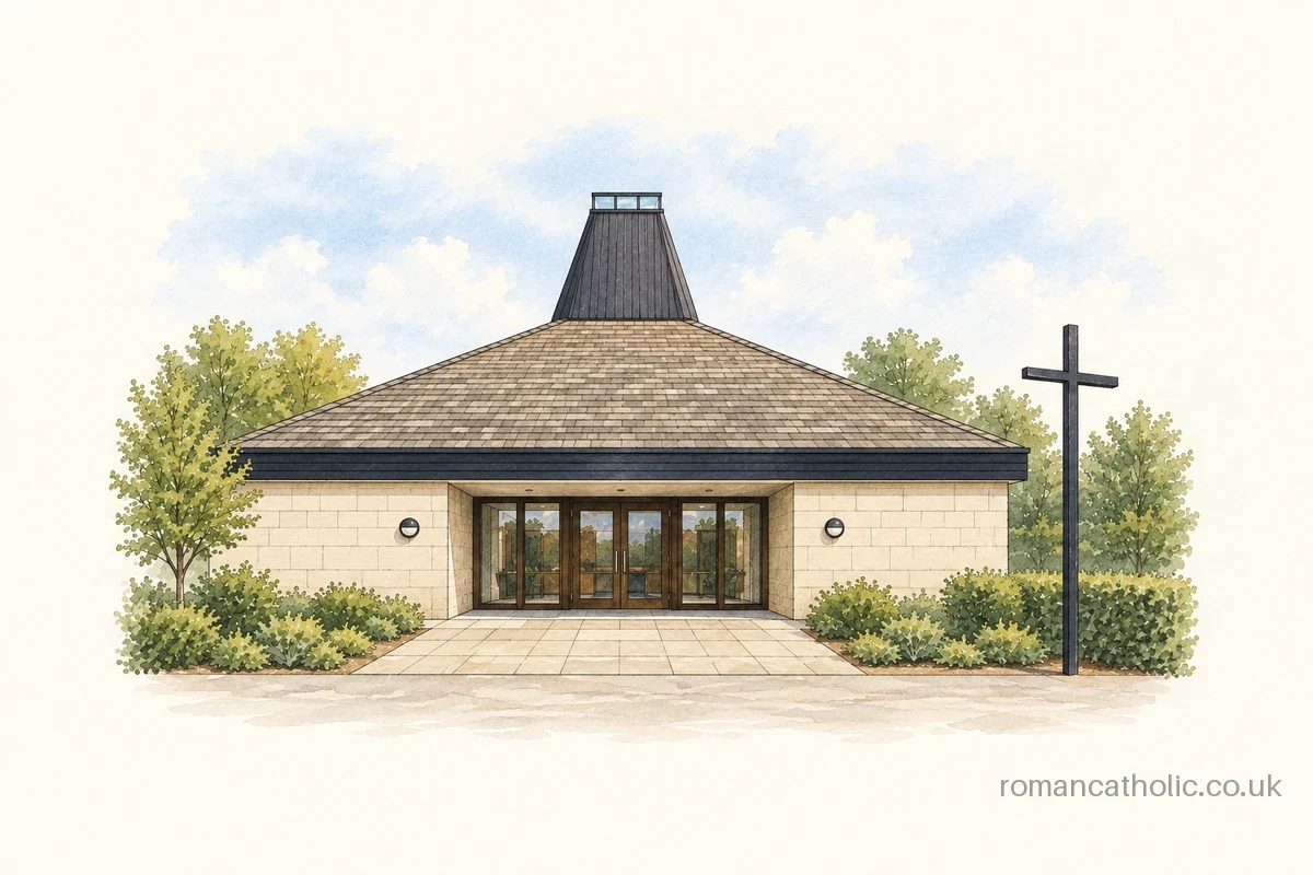 St Augustine’s church in Heelands with broad tiled roof and low tapered lantern.