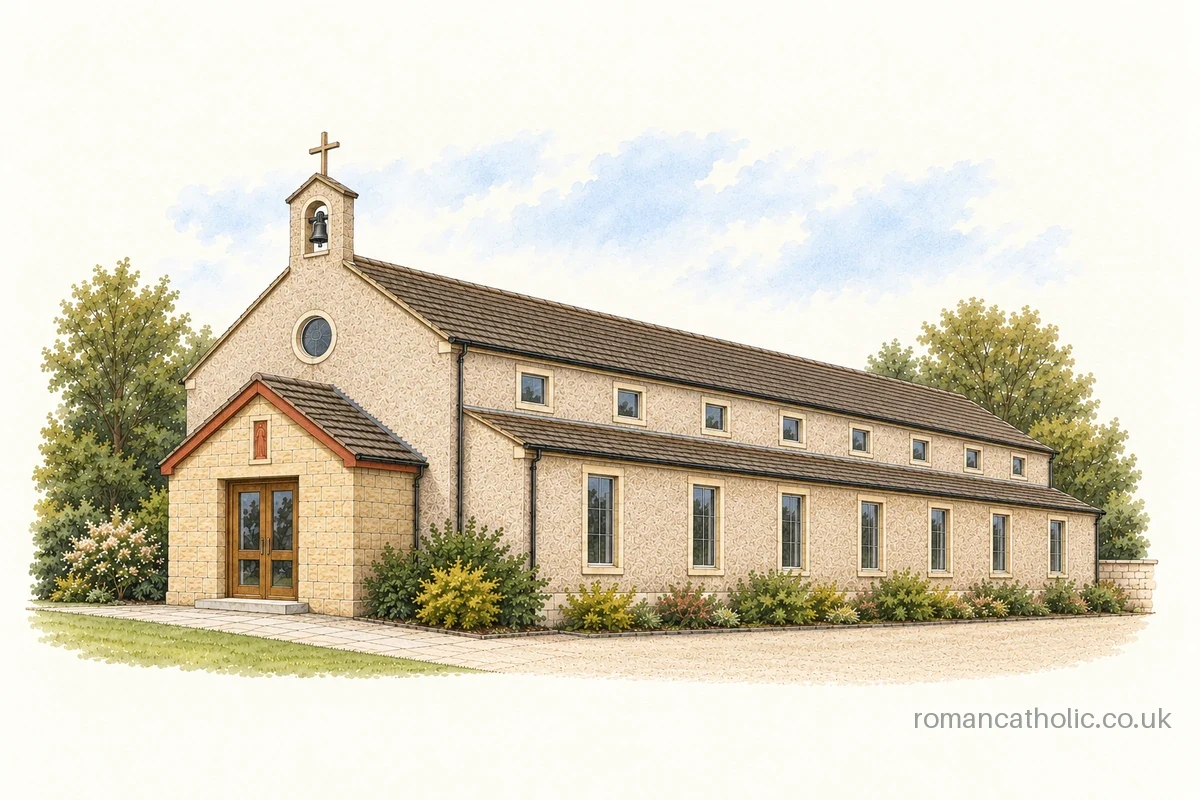 Illustration of St Barbara, Muirhead, with a stone entrance porch and short cross-topped belfry.